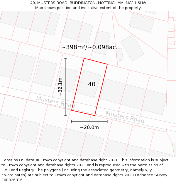 40, MUSTERS ROAD, RUDDINGTON, NOTTINGHAM, NG11 6HW: Plot and title map