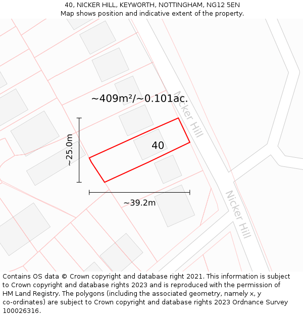 40, NICKER HILL, KEYWORTH, NOTTINGHAM, NG12 5EN: Plot and title map