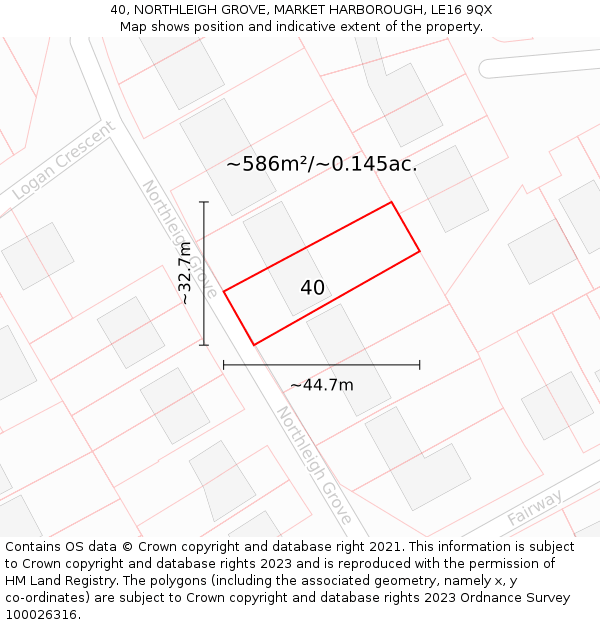 40, NORTHLEIGH GROVE, MARKET HARBOROUGH, LE16 9QX: Plot and title map