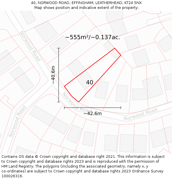 40, NORWOOD ROAD, EFFINGHAM, LEATHERHEAD, KT24 5NX: Plot and title map