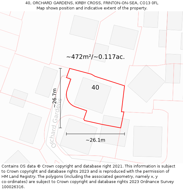 40, ORCHARD GARDENS, KIRBY CROSS, FRINTON-ON-SEA, CO13 0FL: Plot and title map