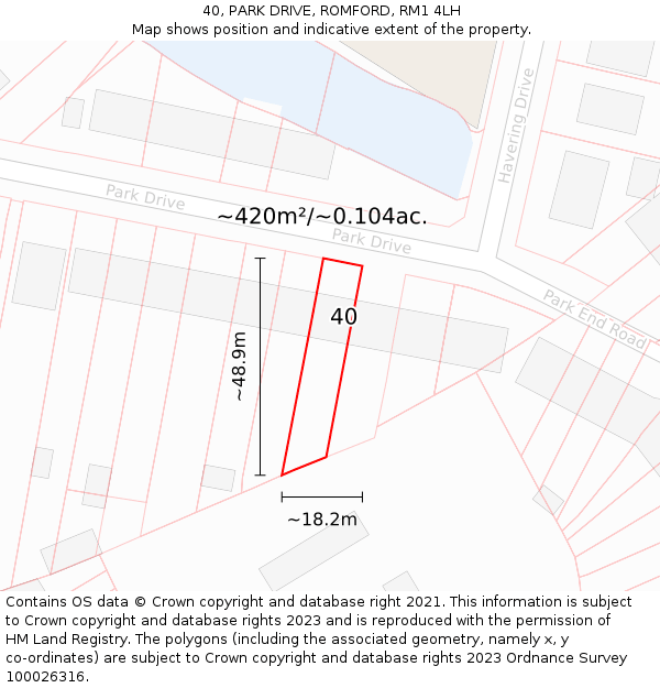 40, PARK DRIVE, ROMFORD, RM1 4LH: Plot and title map