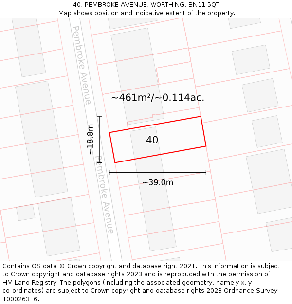 40, PEMBROKE AVENUE, WORTHING, BN11 5QT: Plot and title map