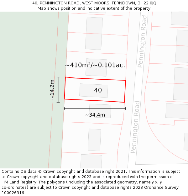 40, PENNINGTON ROAD, WEST MOORS, FERNDOWN, BH22 0JQ: Plot and title map