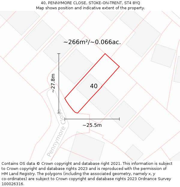 40, PENNYMORE CLOSE, STOKE-ON-TRENT, ST4 8YQ: Plot and title map