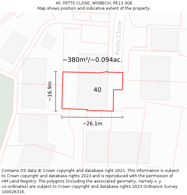 40, PETTS CLOSE, WISBECH, PE13 3QE: Plot and title map