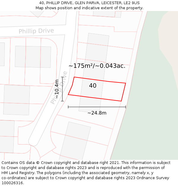 40, PHILLIP DRIVE, GLEN PARVA, LEICESTER, LE2 9US: Plot and title map