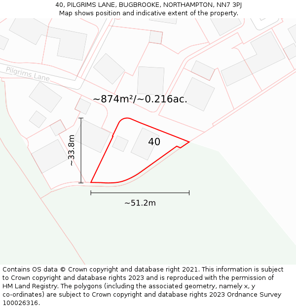 40, PILGRIMS LANE, BUGBROOKE, NORTHAMPTON, NN7 3PJ: Plot and title map