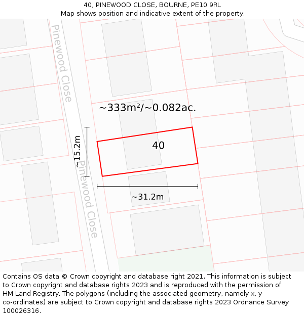 40, PINEWOOD CLOSE, BOURNE, PE10 9RL: Plot and title map