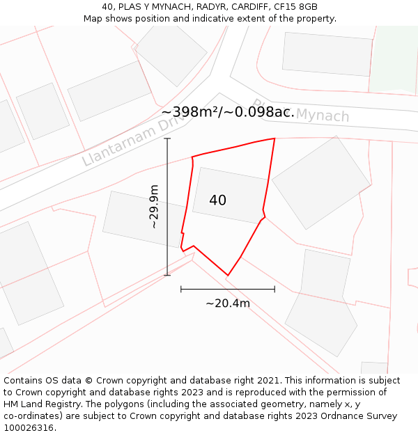 40, PLAS Y MYNACH, RADYR, CARDIFF, CF15 8GB: Plot and title map