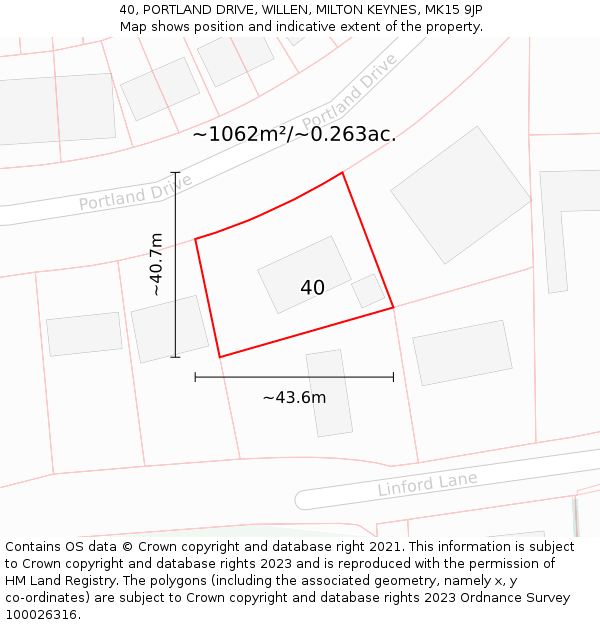 40, PORTLAND DRIVE, WILLEN, MILTON KEYNES, MK15 9JP: Plot and title map