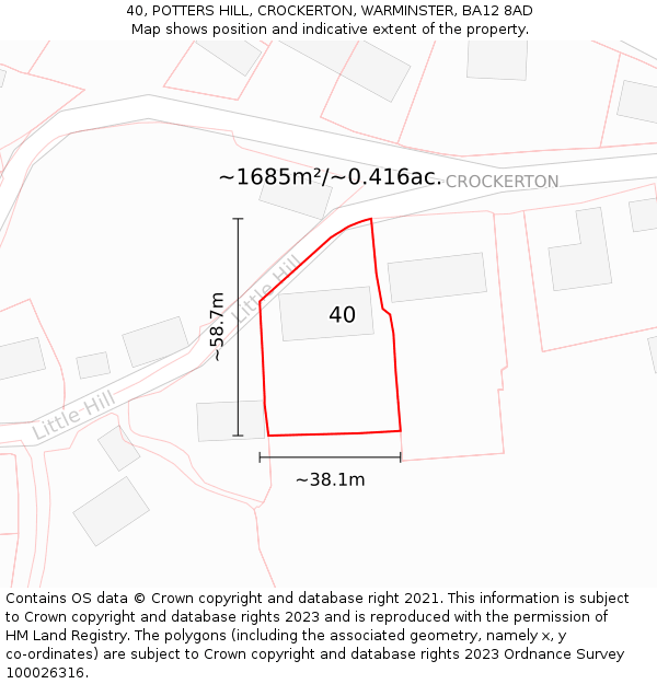 40, POTTERS HILL, CROCKERTON, WARMINSTER, BA12 8AD: Plot and title map