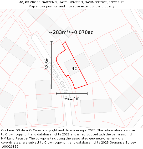 40, PRIMROSE GARDENS, HATCH WARREN, BASINGSTOKE, RG22 4UZ: Plot and title map