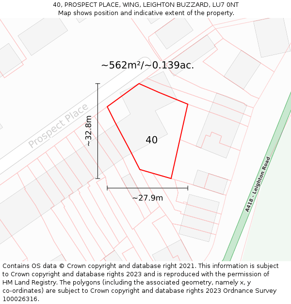 40, PROSPECT PLACE, WING, LEIGHTON BUZZARD, LU7 0NT: Plot and title map