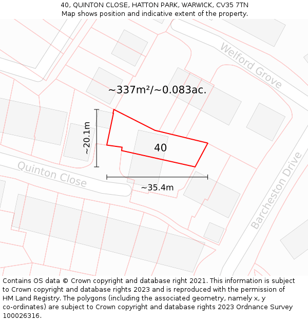 40, QUINTON CLOSE, HATTON PARK, WARWICK, CV35 7TN: Plot and title map