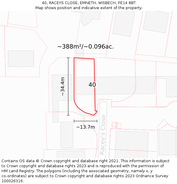 40, RACEYS CLOSE, EMNETH, WISBECH, PE14 8BT: Plot and title map