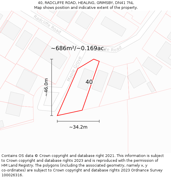 40, RADCLIFFE ROAD, HEALING, GRIMSBY, DN41 7NL: Plot and title map