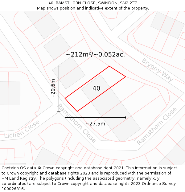 40, RAMSTHORN CLOSE, SWINDON, SN2 2TZ: Plot and title map