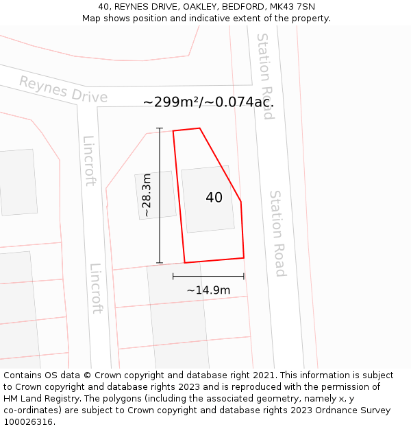 40, REYNES DRIVE, OAKLEY, BEDFORD, MK43 7SN: Plot and title map