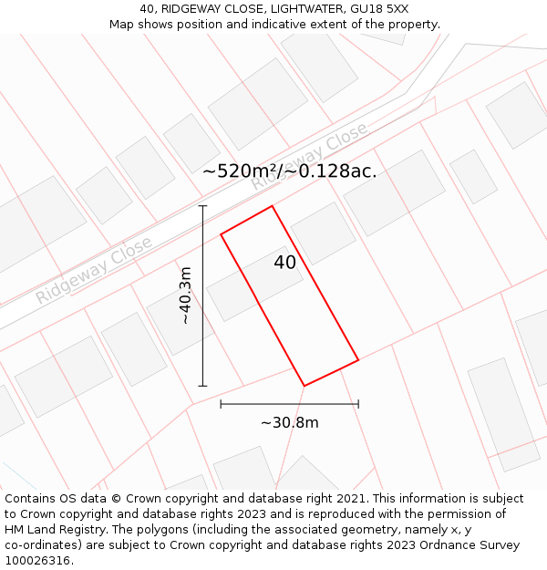 40, RIDGEWAY CLOSE, LIGHTWATER, GU18 5XX: Plot and title map