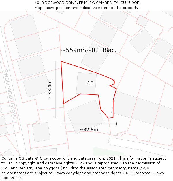 40, RIDGEWOOD DRIVE, FRIMLEY, CAMBERLEY, GU16 9QF: Plot and title map