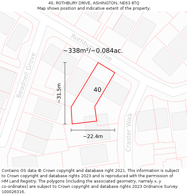 40, ROTHBURY DRIVE, ASHINGTON, NE63 8TQ: Plot and title map