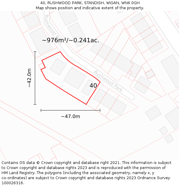 40, RUSHWOOD PARK, STANDISH, WIGAN, WN6 0GH: Plot and title map