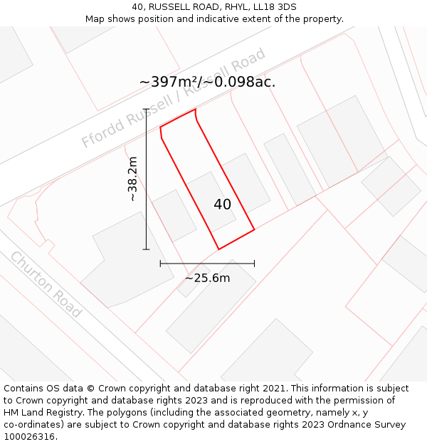 40, RUSSELL ROAD, RHYL, LL18 3DS: Plot and title map