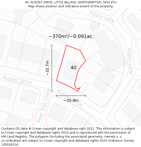 40, RUSSET DRIVE, LITTLE BILLING, NORTHAMPTON, NN3 9TU: Plot and title map