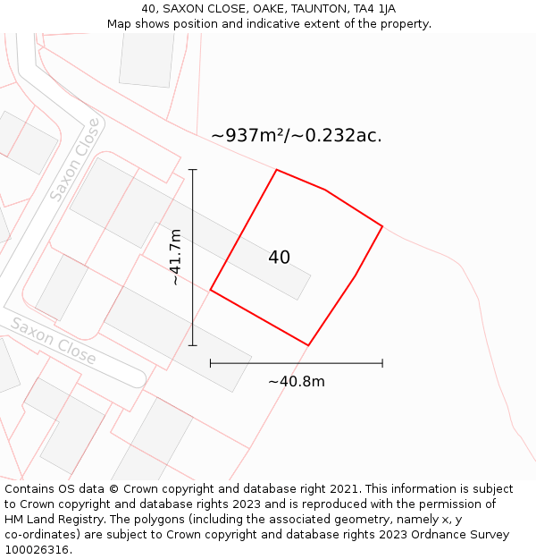 40, SAXON CLOSE, OAKE, TAUNTON, TA4 1JA: Plot and title map