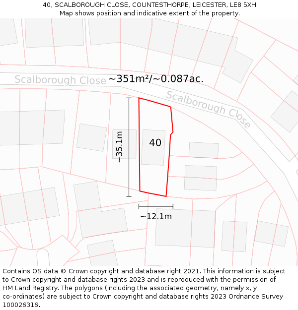 40, SCALBOROUGH CLOSE, COUNTESTHORPE, LEICESTER, LE8 5XH: Plot and title map