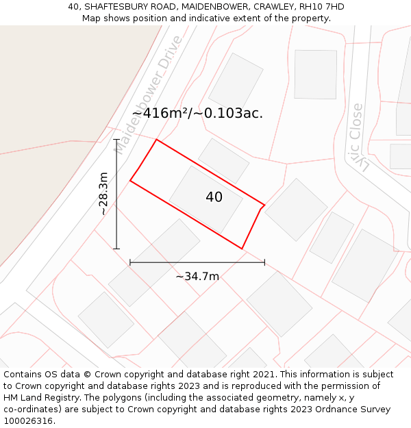 40, SHAFTESBURY ROAD, MAIDENBOWER, CRAWLEY, RH10 7HD: Plot and title map