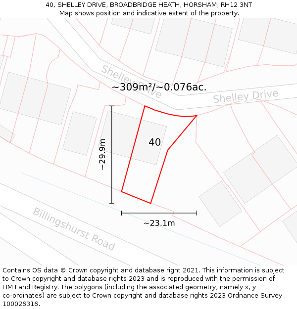 40, SHELLEY DRIVE, BROADBRIDGE HEATH, HORSHAM, RH12 3NT: Plot and title map