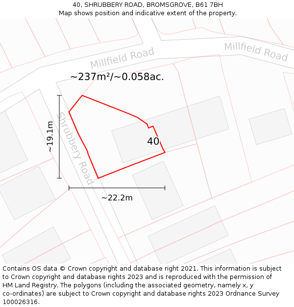 40, SHRUBBERY ROAD, BROMSGROVE, B61 7BH: Plot and title map