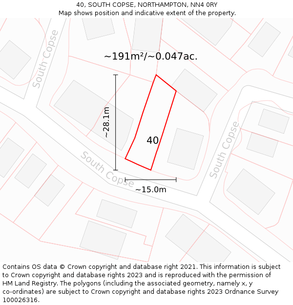40, SOUTH COPSE, NORTHAMPTON, NN4 0RY: Plot and title map