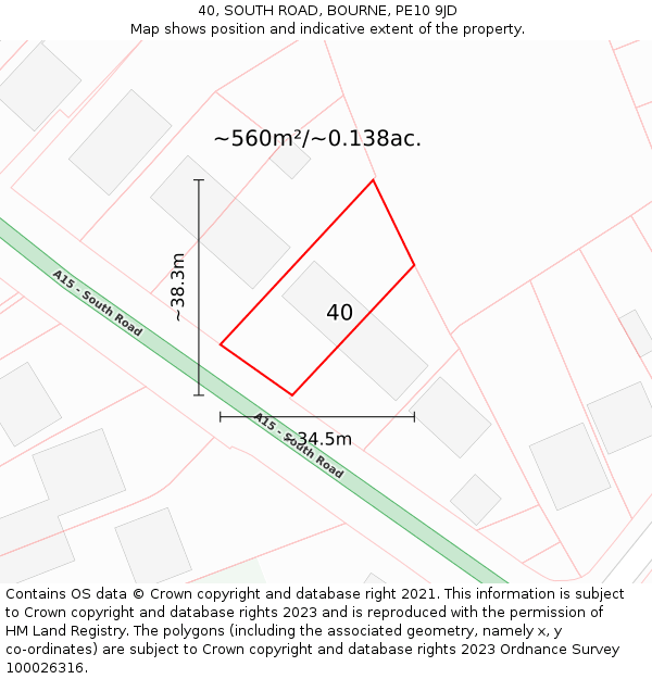 40, SOUTH ROAD, BOURNE, PE10 9JD: Plot and title map