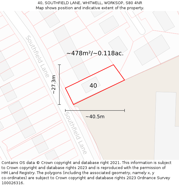 40, SOUTHFIELD LANE, WHITWELL, WORKSOP, S80 4NR: Plot and title map