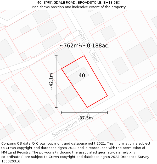 40, SPRINGDALE ROAD, BROADSTONE, BH18 9BX: Plot and title map