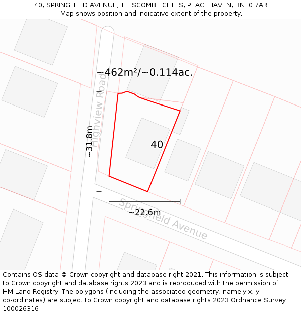 40, SPRINGFIELD AVENUE, TELSCOMBE CLIFFS, PEACEHAVEN, BN10 7AR: Plot and title map