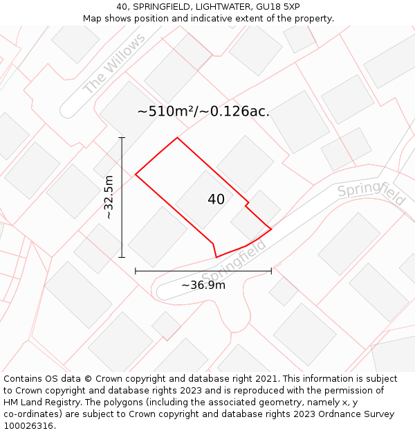 40, SPRINGFIELD, LIGHTWATER, GU18 5XP: Plot and title map