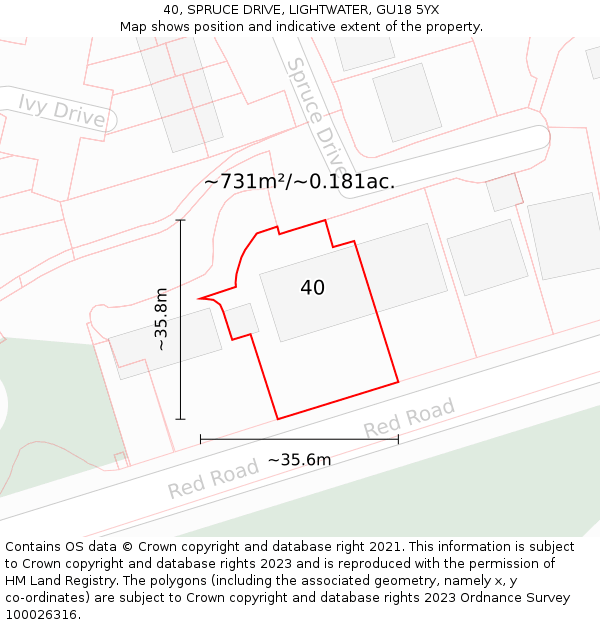 40, SPRUCE DRIVE, LIGHTWATER, GU18 5YX: Plot and title map