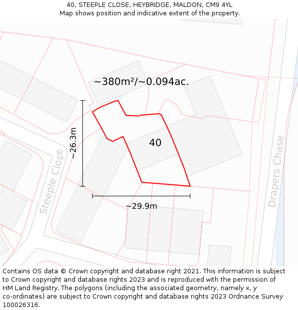 40, STEEPLE CLOSE, HEYBRIDGE, MALDON, CM9 4YL: Plot and title map