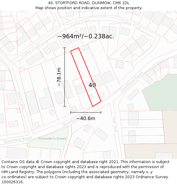 40, STORTFORD ROAD, DUNMOW, CM6 1DL: Plot and title map