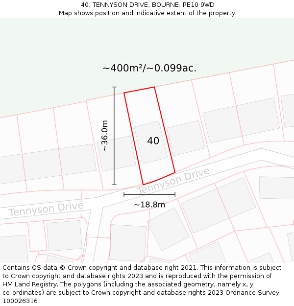 40, TENNYSON DRIVE, BOURNE, PE10 9WD: Plot and title map