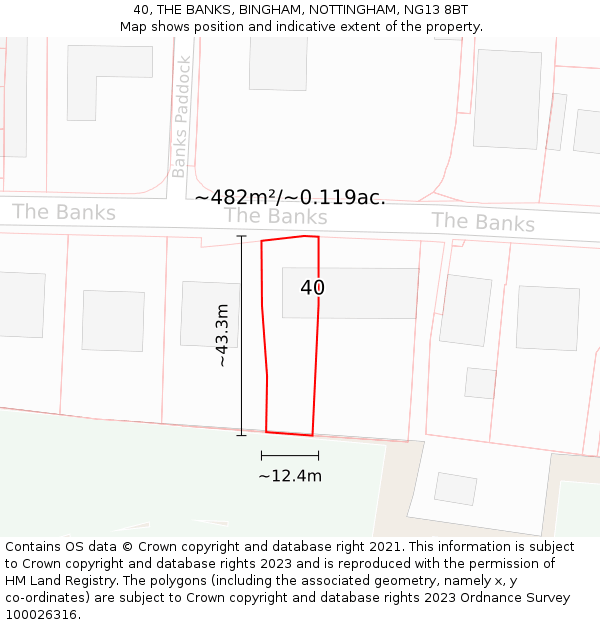 40, THE BANKS, BINGHAM, NOTTINGHAM, NG13 8BT: Plot and title map