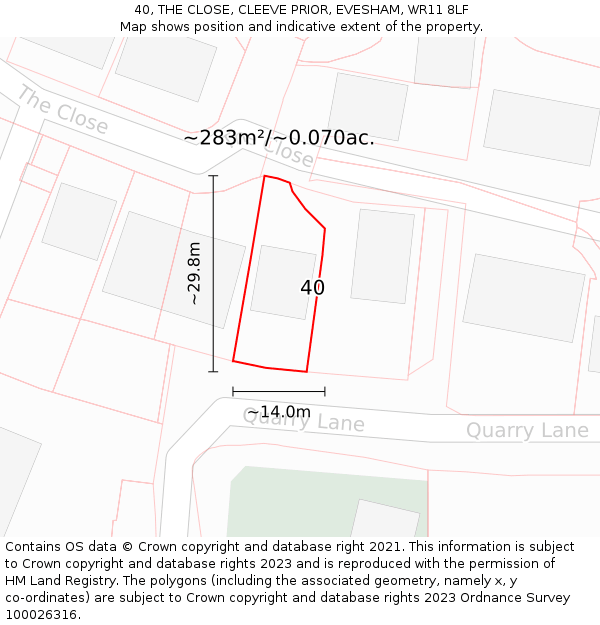40, THE CLOSE, CLEEVE PRIOR, EVESHAM, WR11 8LF: Plot and title map