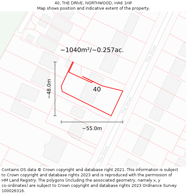 40, THE DRIVE, NORTHWOOD, HA6 1HP: Plot and title map