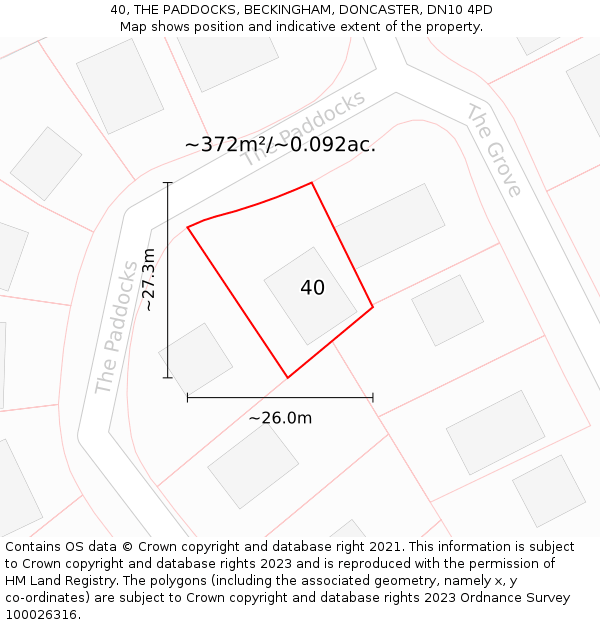 40, THE PADDOCKS, BECKINGHAM, DONCASTER, DN10 4PD: Plot and title map