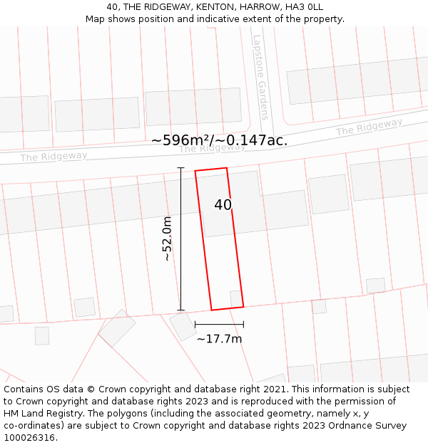 40, THE RIDGEWAY, KENTON, HARROW, HA3 0LL: Plot and title map