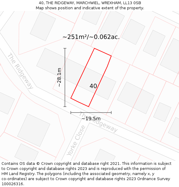40, THE RIDGEWAY, MARCHWIEL, WREXHAM, LL13 0SB: Plot and title map